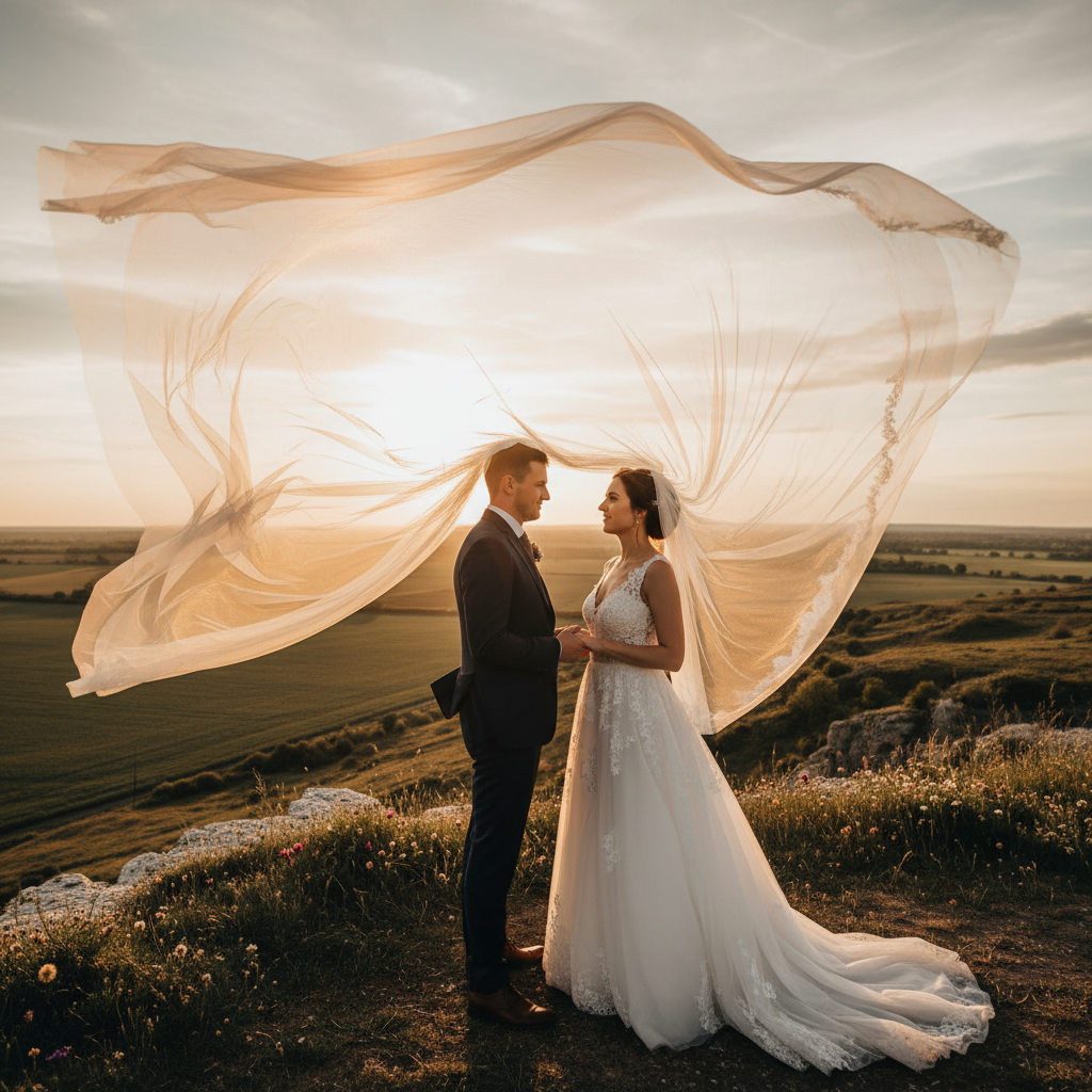 Veil in the Wind - Bride's long cathedral veil catches the wind and flows dramatically behind or beside her. Groom stands close, holding her hand. Veil fills a large portion of the frame. Shot from a lower angle.