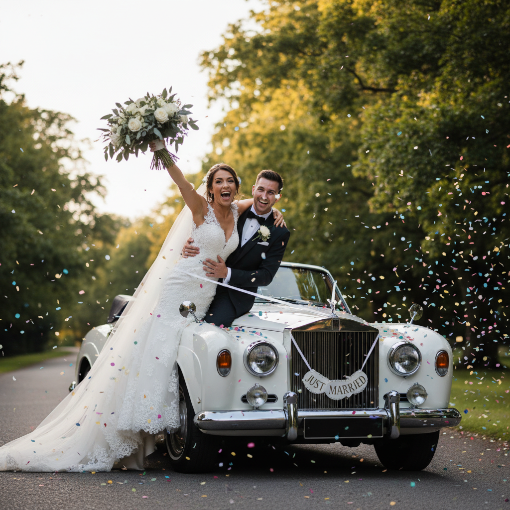 Vintage Car Send-Off - Couple climbs into or leans out of a classic vintage car. Bride lifts her dress getting in. Just Married sign visible. Both waving at camera with big smiles.