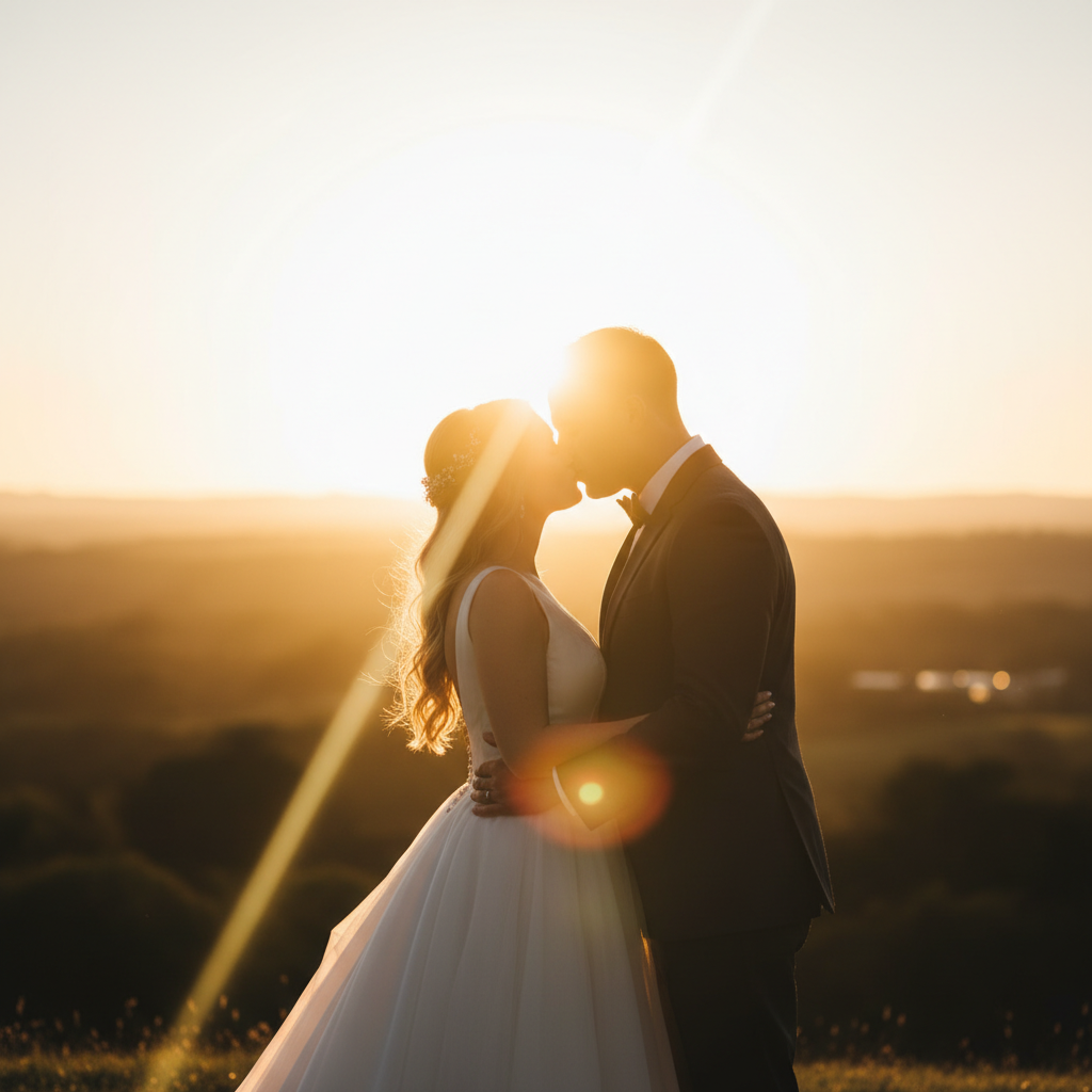 Backlit Kiss - Position the sun or a strong light source directly behind the couple. Shoot into the light for a dramatic rim-lit effect around their hair and shoulders. Couple shares a kiss. Lens flare welcome.