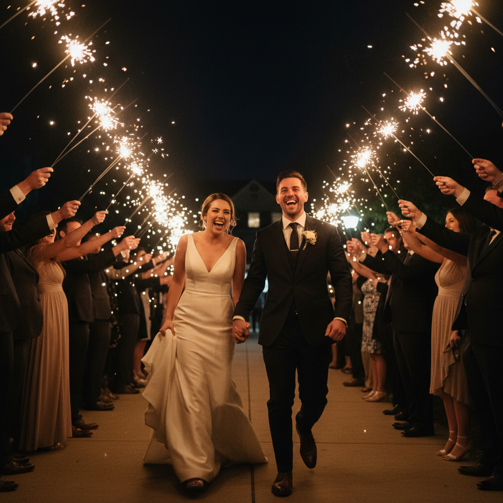 Sparkler Tunnel Exit - Guests form two lines holding sparklers creating a tunnel of light. Couple runs through the middle holding hands, laughing, surrounded by sparks. Nighttime shot with sparklers as the primary light source.